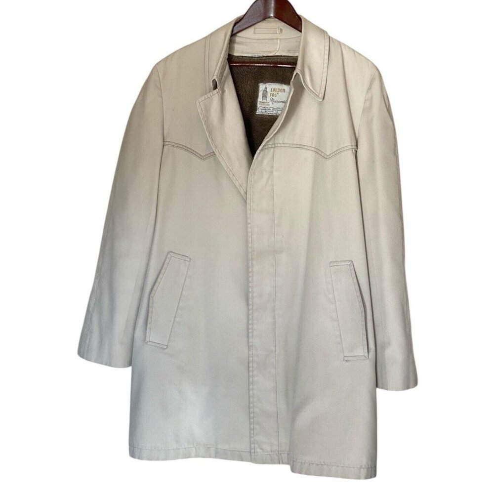 London Fog Trench Coat Men's 42 Long Cream w/ Thick Removable Lining Vintage